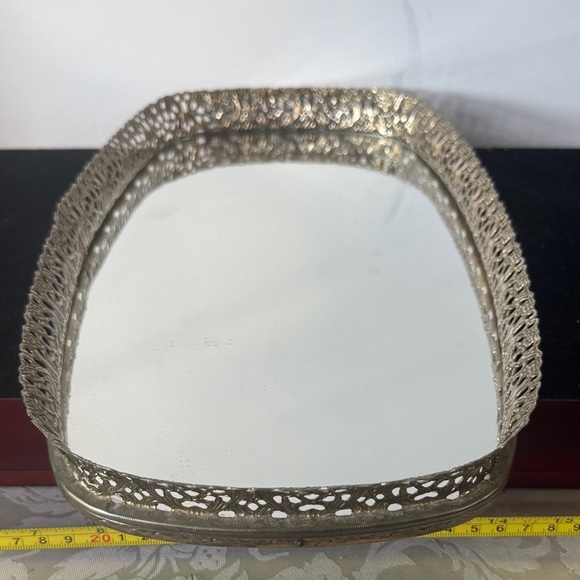 Vintage Oblong  Brass Filigree Vanity Mirror Tray - 14" x 8" x 1-1/2" - Picture 7 of 8